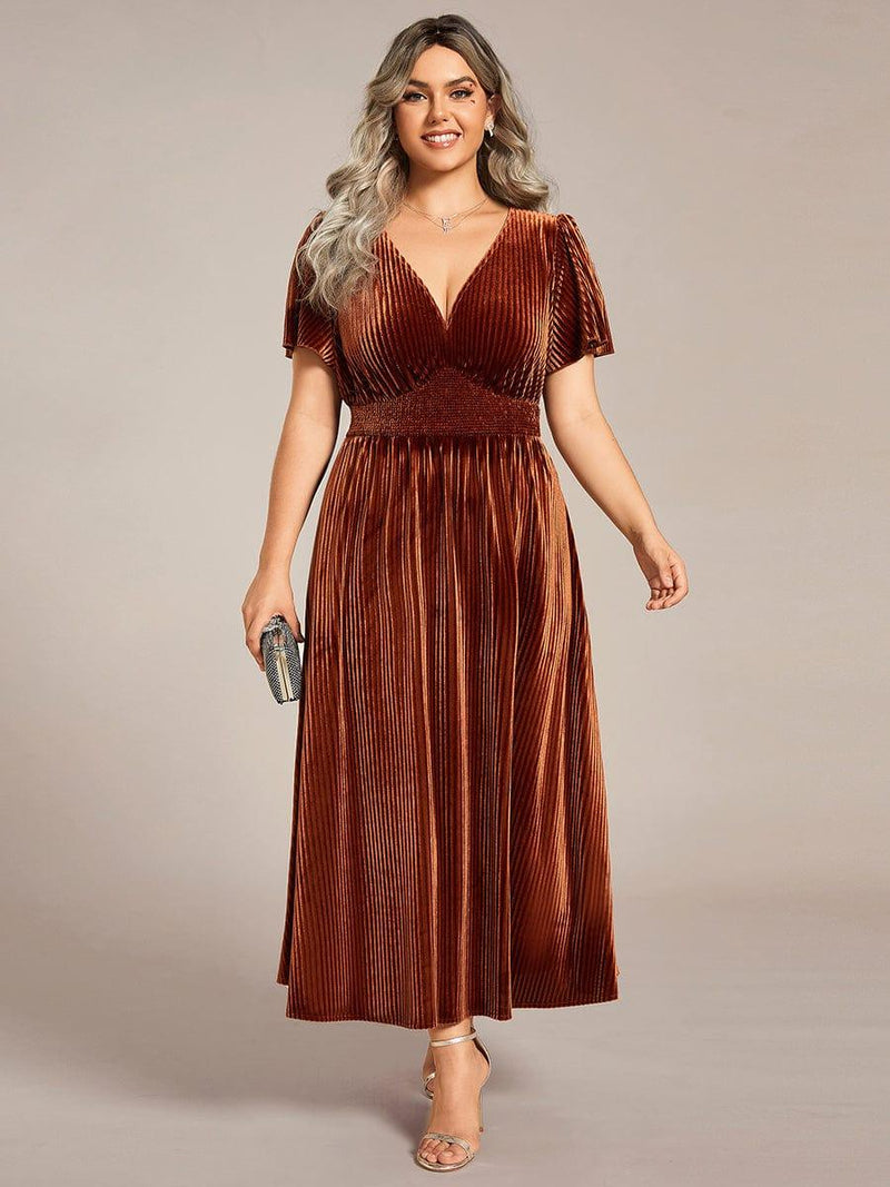 pretty AZALEA|Plus Size A-line V-Neck Short Sleeve Velvet Wedding Guest Dress