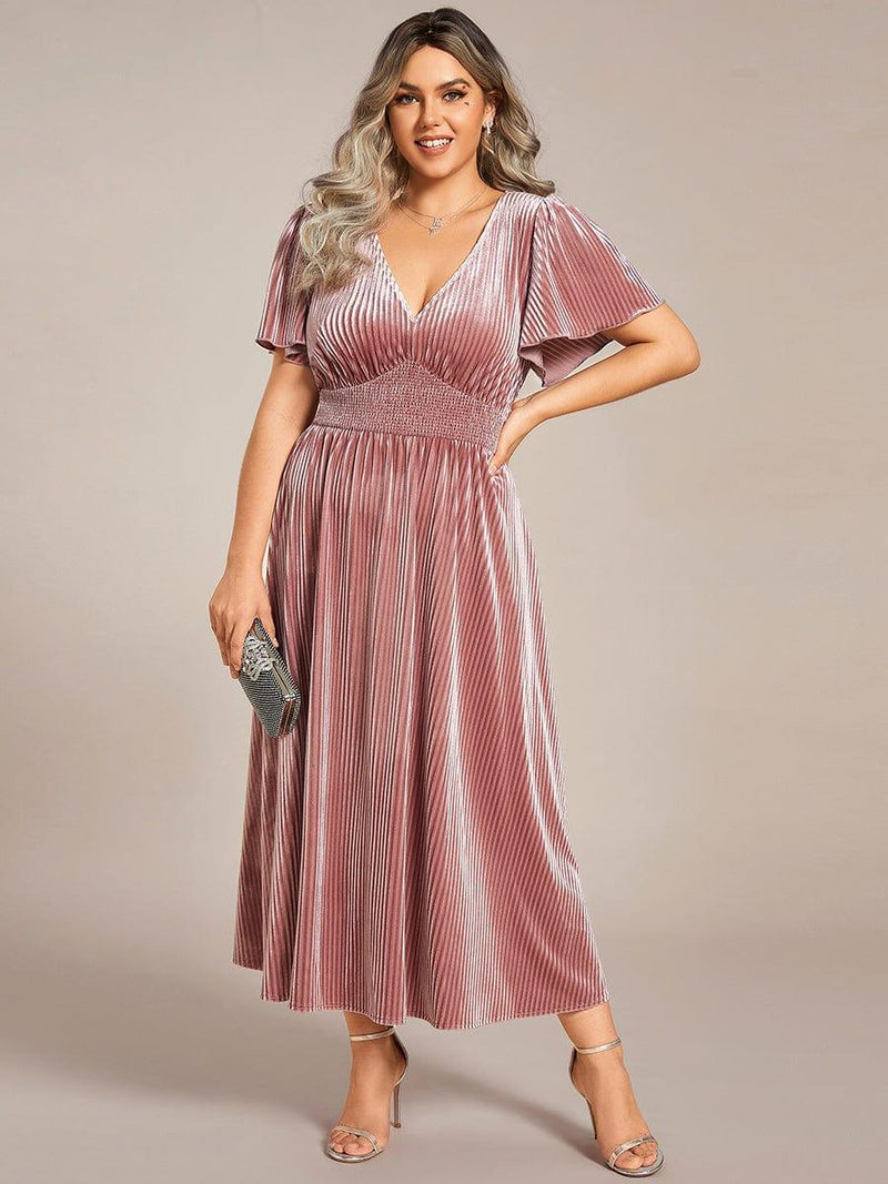 pretty AZALEA|Plus Size A-line V-Neck Short Sleeve Velvet Wedding Guest Dress