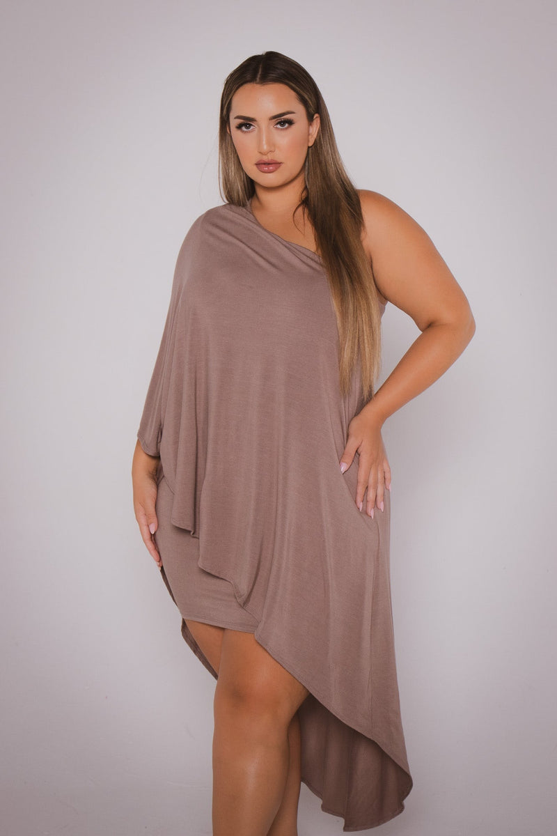 Plus Size Asymmetric Draped Dress - Mocha