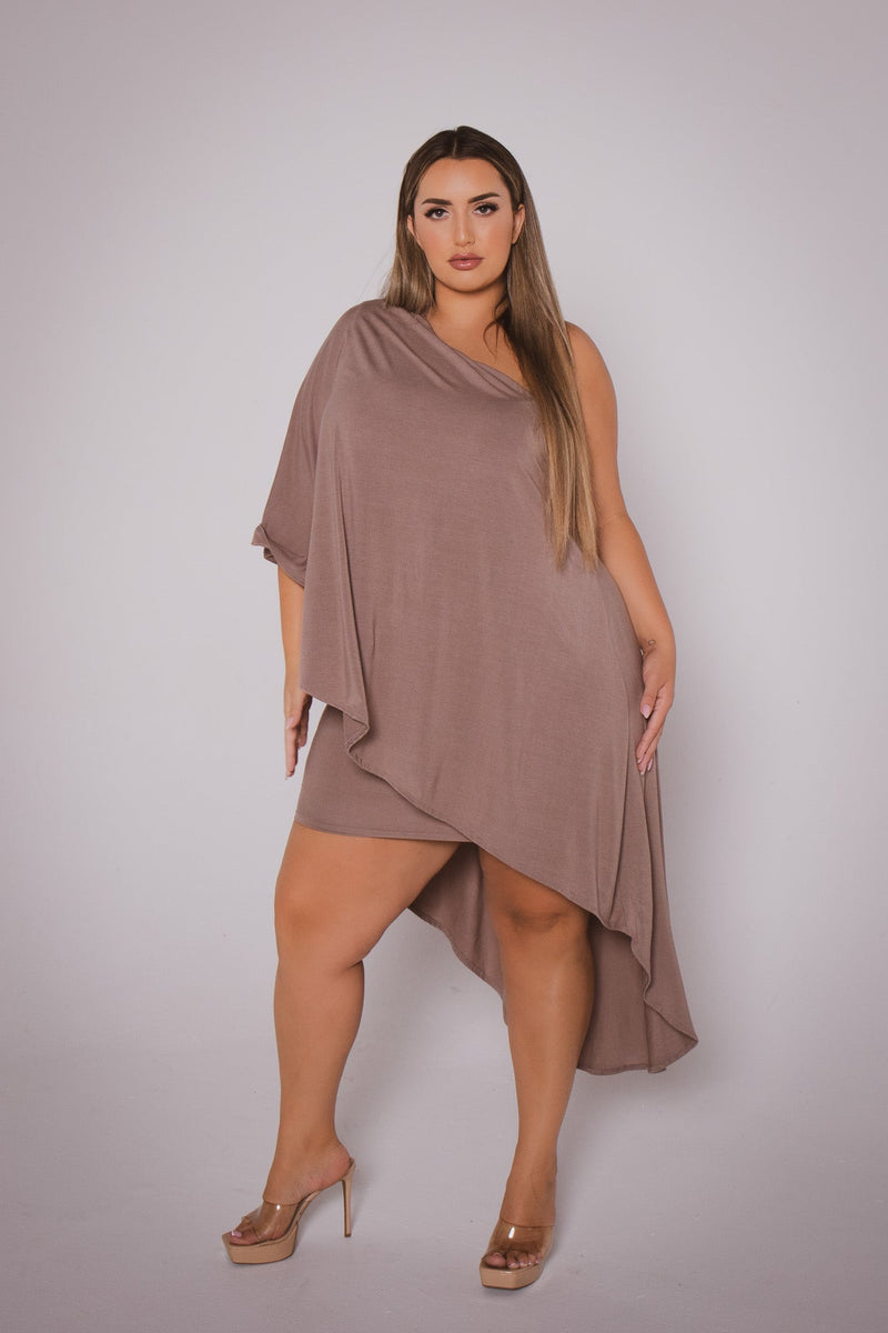 Plus Size Asymmetric Draped Dress - Mocha