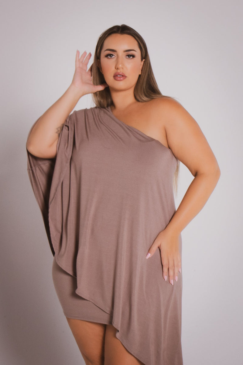 Plus Size Asymmetric Draped Dress - Mocha