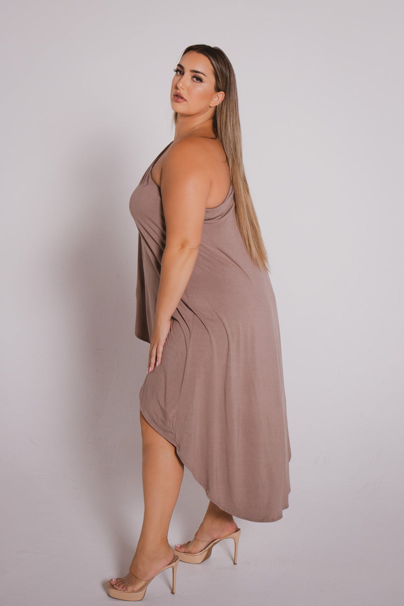 Plus Size Asymmetric Draped Dress - Mocha