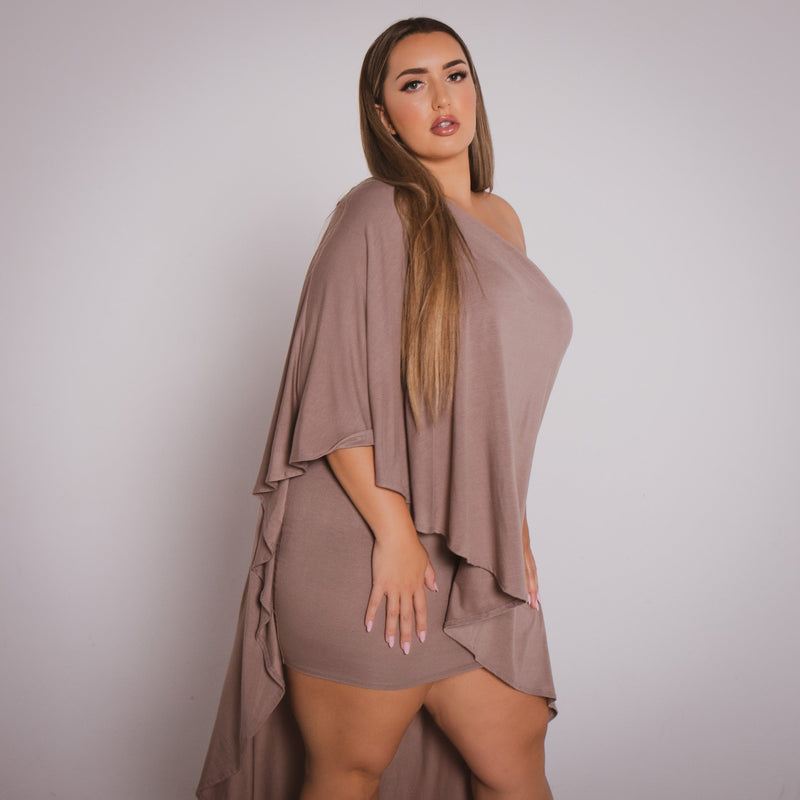 Plus Size Asymmetric Draped Dress - Mocha
