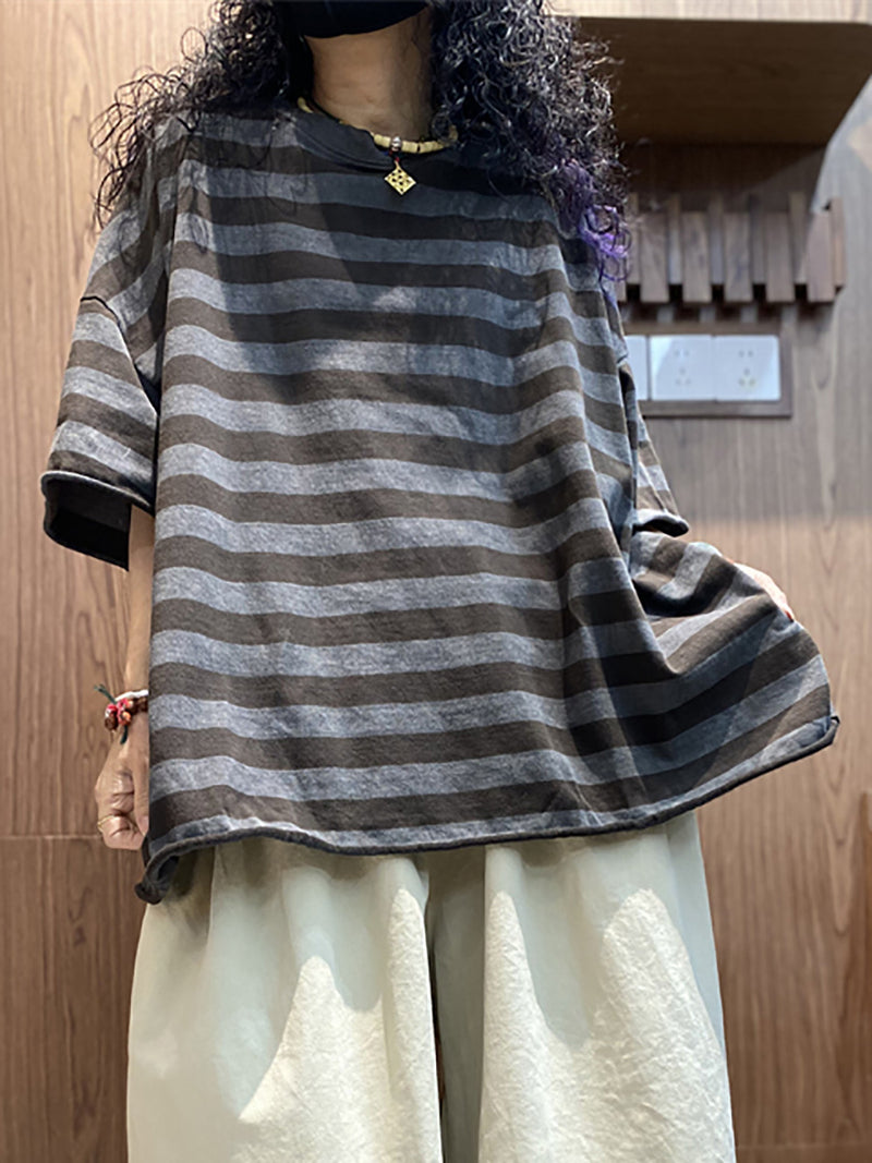 Plus size Women Summer Stripe Colorblock O-Neck Shirt