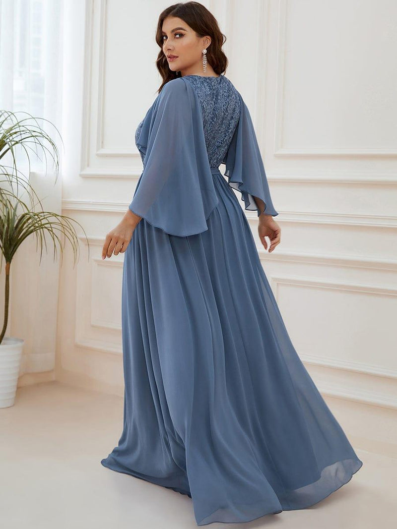 Plus Size Deep V Neck Lace Bodice Long Flowy Evening Dress