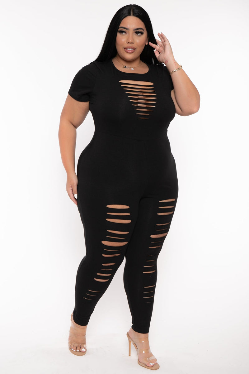 Plus Size Lola Distress Jumpsuit - Black