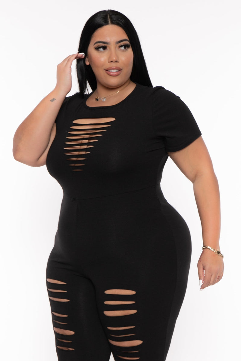 Plus Size Lola Distress Jumpsuit - Black