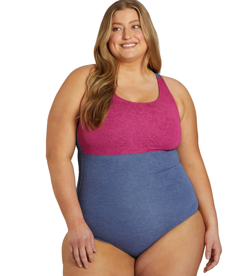 Sporti Plus Size Textured Chlorine Resistant High Neck Colorblock One Piece Slimsuit