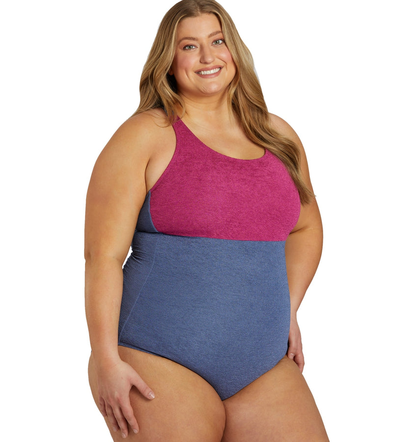 Sporti Plus Size Textured Chlorine Resistant High Neck Colorblock One Piece Slimsuit