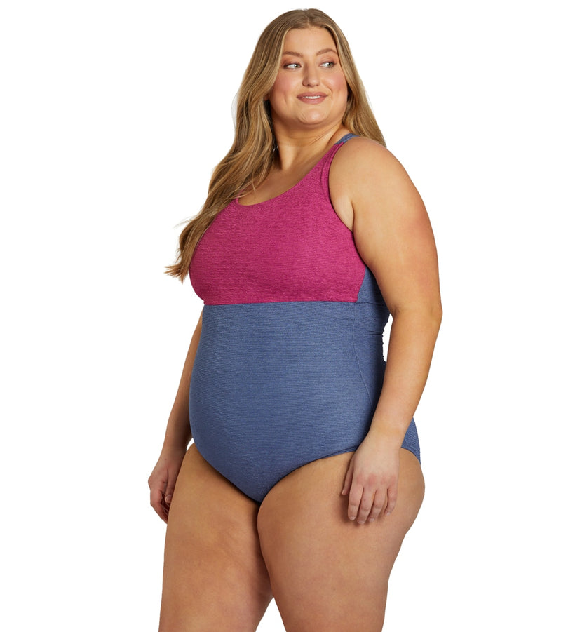 Sporti Plus Size Textured Chlorine Resistant High Neck Colorblock One Piece Slimsuit