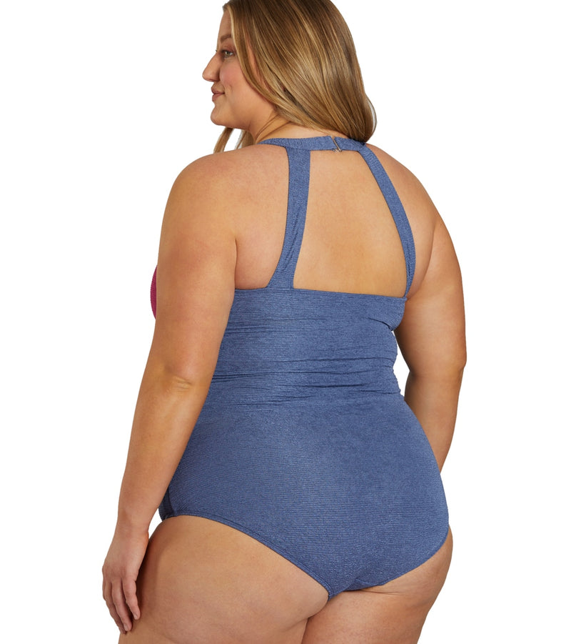 Sporti Plus Size Textured Chlorine Resistant High Neck Colorblock One Piece Slimsuit