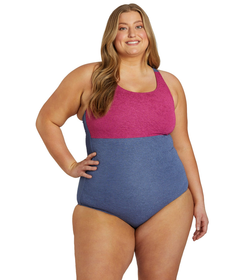Sporti Plus Size Textured Chlorine Resistant High Neck Colorblock One Piece Slimsuit
