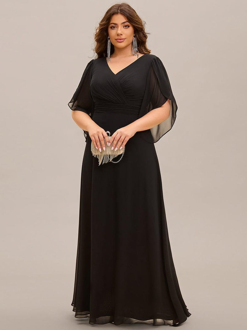 Lena | Plus Size Elegant Pleated Half Sleeve A-Line Maxi Mother of the Bride Dress