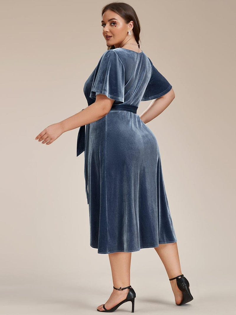 pretty LENNA|Plus Size V-Neck Ruffles Sleeve Velvet One-Piece Type Wedding Guest Dress