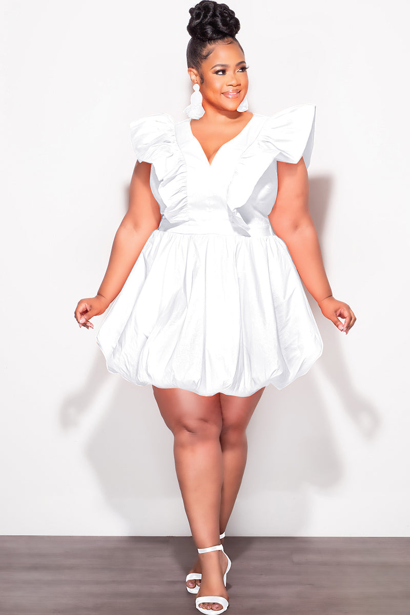 Final Sale Plus Size Ruffle Trim Babydoll Bubble Dress with Cutout Back in White