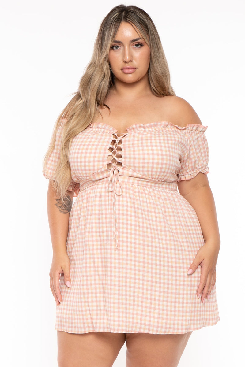 Plus Size Adella Printed  Lace Up  Dress- Pink