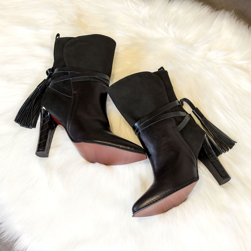 Women's Lyon Heels Ankle Boots Pointed Toe Leather Wide Plus Size Luxury Black  5748