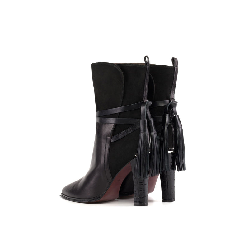 Women's Lyon Heels Ankle Boots Pointed Toe Leather Wide Plus Size Luxury Black  5748