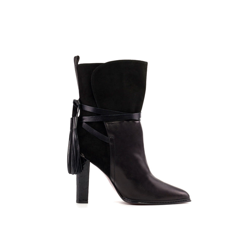 Women's Lyon Heels Ankle Boots Pointed Toe Leather Wide Plus Size Luxury Black  5748