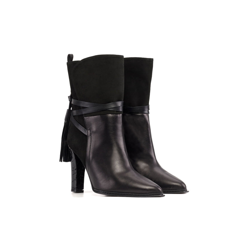 Women's Lyon Heels Ankle Boots Pointed Toe Leather Wide Plus Size Luxury Black  5748