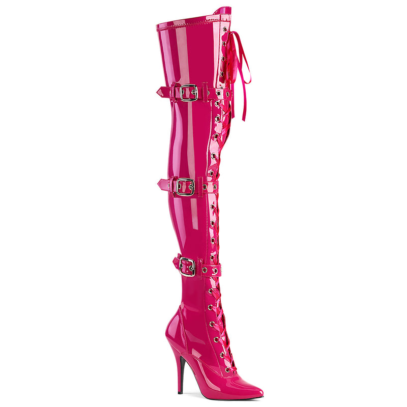 Seduce-3028 Hot Pink Triple Buckle Thigh-High Boots