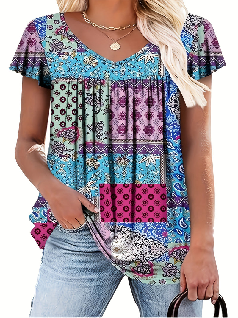 Plus Size Floral Print T-Shirt, Casual V Neck Short Sleeve T-Shirt, Women's Plus SizeClothing