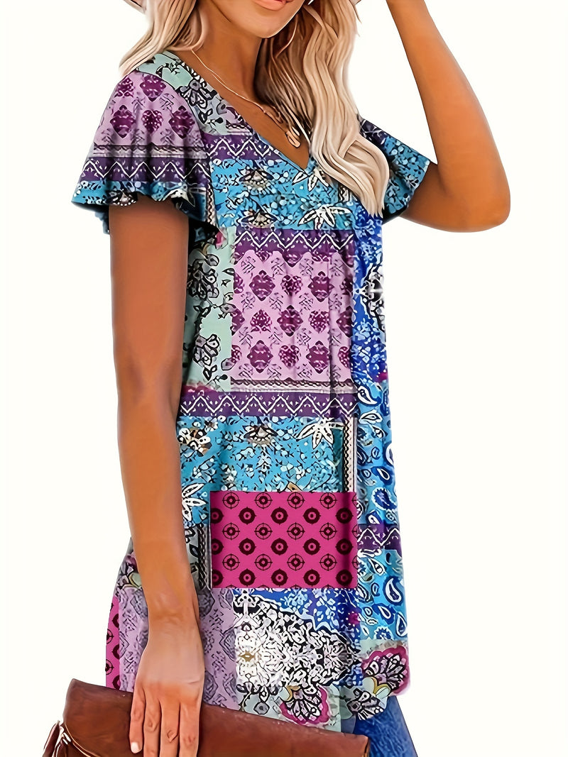 Plus Size Floral Print T-Shirt, Casual V Neck Short Sleeve T-Shirt, Women's Plus SizeClothing