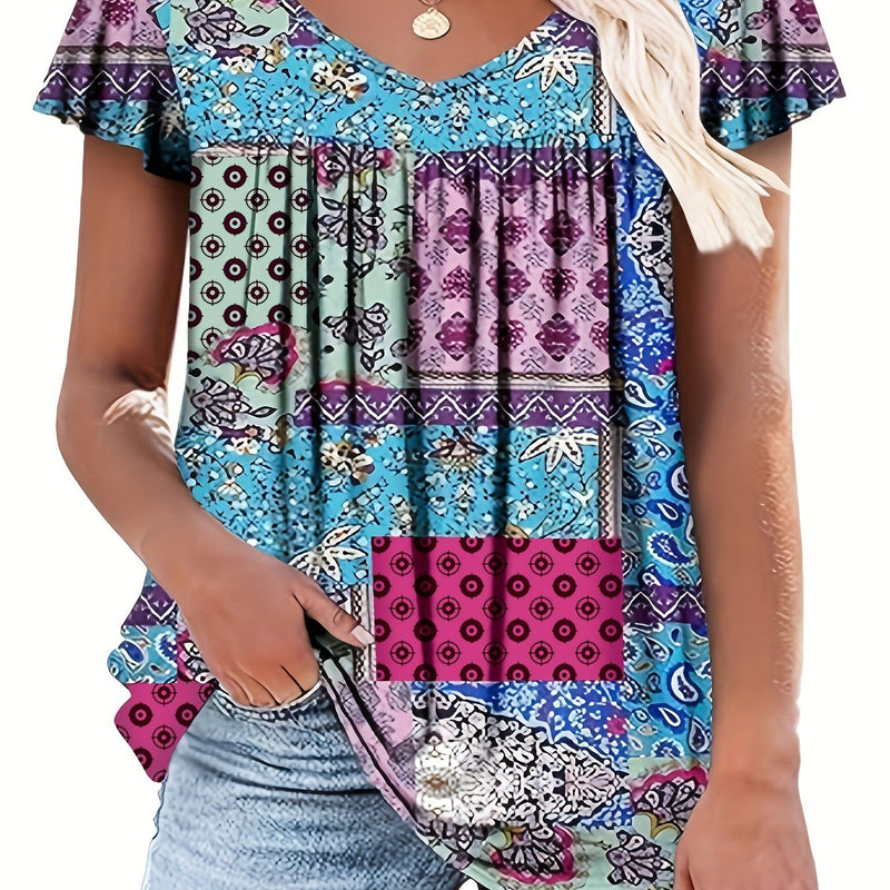 Plus Size Floral Print T-Shirt, Casual V Neck Short Sleeve T-Shirt, Women's Plus SizeClothing