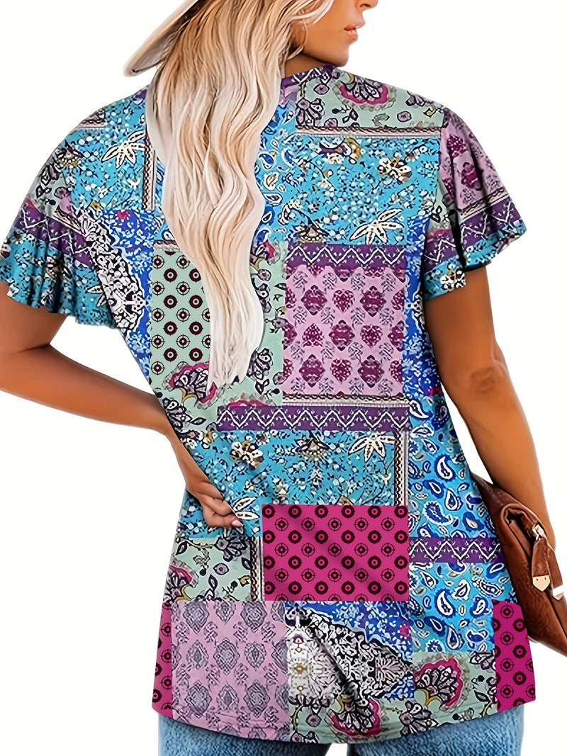 Plus Size Floral Print T-Shirt, Casual V Neck Short Sleeve T-Shirt, Women's Plus SizeClothing