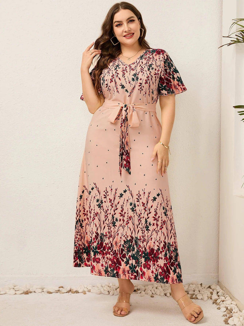 2022 Women Summer Long Dress V Neck Short Sleeve Floral Print Boho Beach Dress Curvy Woman Plus Size Women Clothing