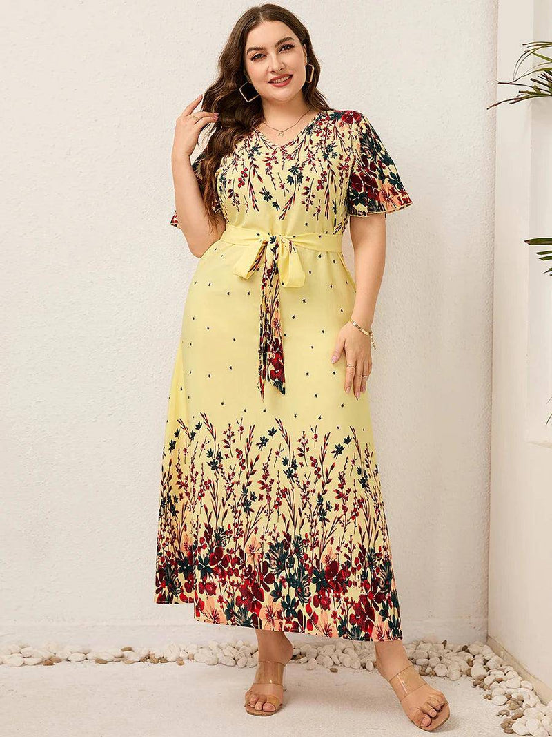 2022 Women Summer Long Dress V Neck Short Sleeve Floral Print Boho Beach Dress Curvy Woman Plus Size Women Clothing