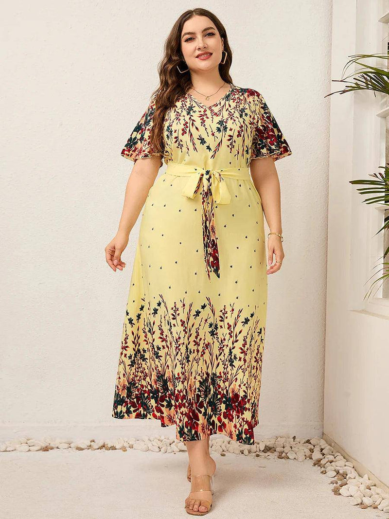 2022 Women Summer Long Dress V Neck Short Sleeve Floral Print Boho Beach Dress Curvy Woman Plus Size Women Clothing