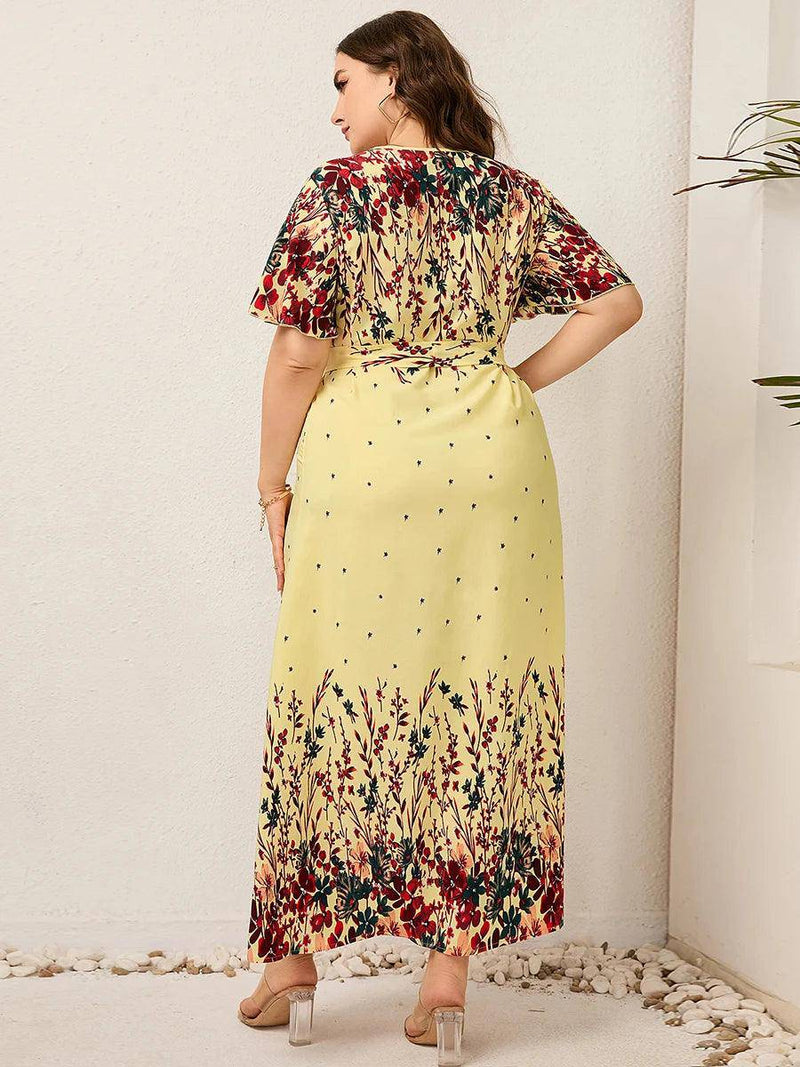 2022 Women Summer Long Dress V Neck Short Sleeve Floral Print Boho Beach Dress Curvy Woman Plus Size Women Clothing