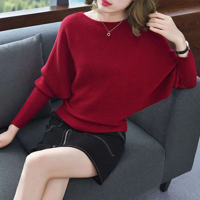 Spring Autumn New Korean Loose Slash Neck Sweaters Bat Sleeve Solid Color Plus Size Pullovers Elegant Fashion Women Clothing
