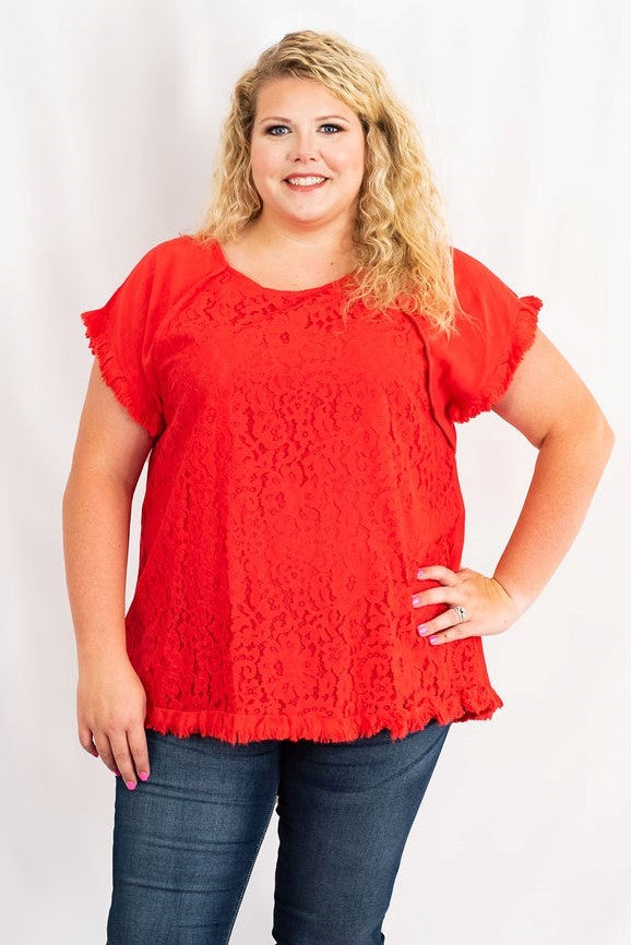 Pintuck High-Low Frayed Hem Linen Tunic Top Lace Detail Plus Size by Umgee Clothing