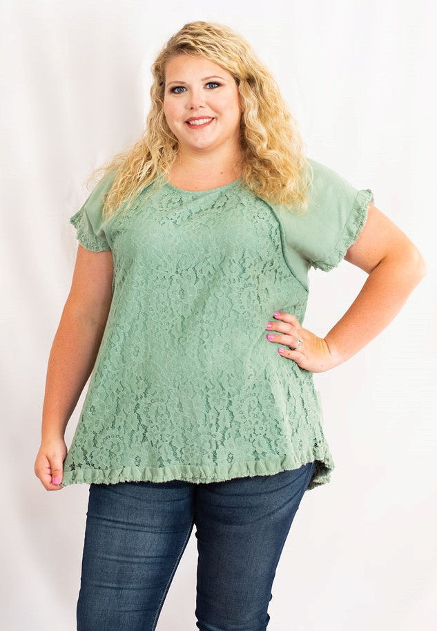 Pintuck High-Low Frayed Hem Linen Tunic Top Lace Detail Plus Size by Umgee Clothing