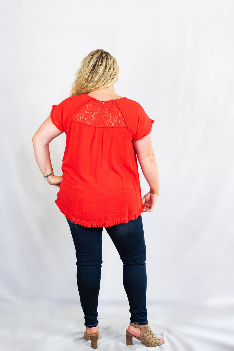 Pintuck High-Low Frayed Hem Linen Tunic Top Lace Detail Plus Size by Umgee Clothing
