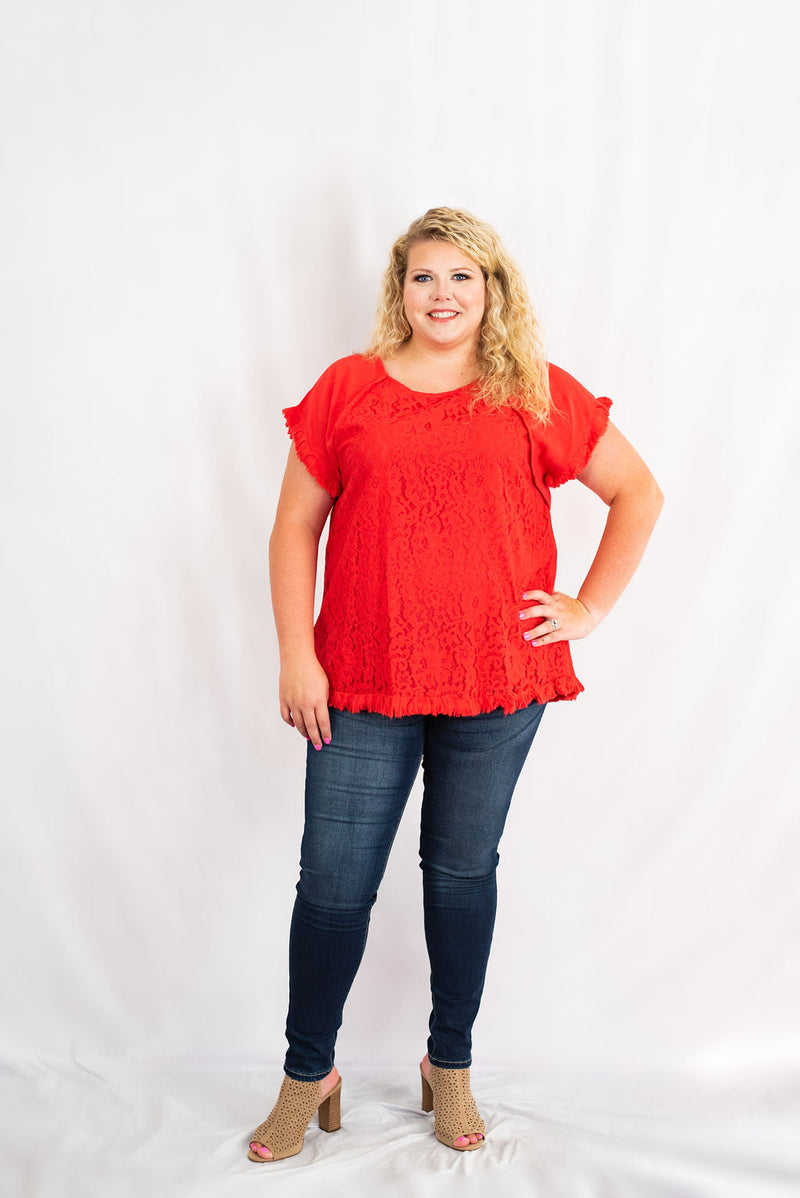 Pintuck High-Low Frayed Hem Linen Tunic Top Lace Detail Plus Size by Umgee Clothing
