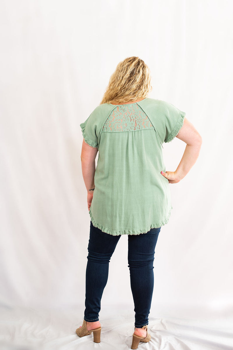 Pintuck High-Low Frayed Hem Linen Tunic Top Lace Detail Plus Size by Umgee Clothing