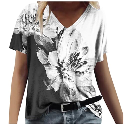 Women's Clothes Clearance of Sale Tunic Plus Size Tees for Women 2x Sale Summer Tops for Women 2024 Short Sleeve V Neck T Shirts Trendy Vintage Printed Basic Tees Loose Comfy Blouses Casual Outfits
