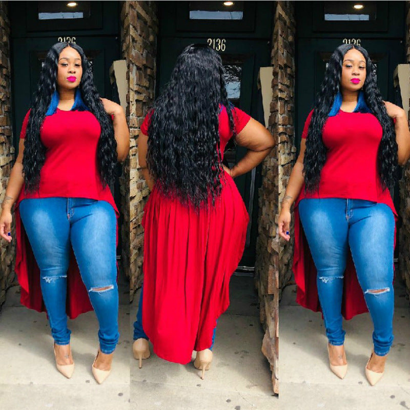 Plus Size Summer Sexy Women Clothes Solid Color Irregular Asymmetric Hem T-shirt