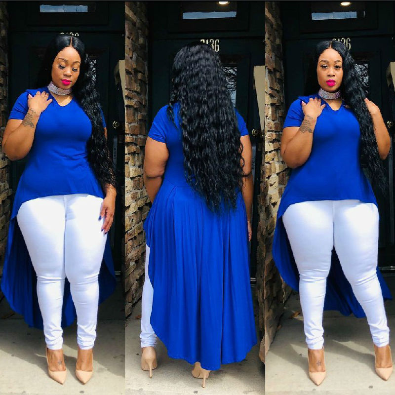 Plus Size Summer Sexy Women Clothes Solid Color Irregular Asymmetric Hem T-shirt