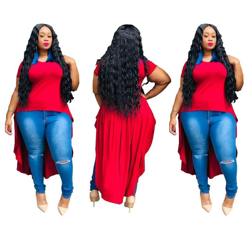 Plus Size Summer Sexy Women Clothes Solid Color Irregular Asymmetric Hem T-shirt