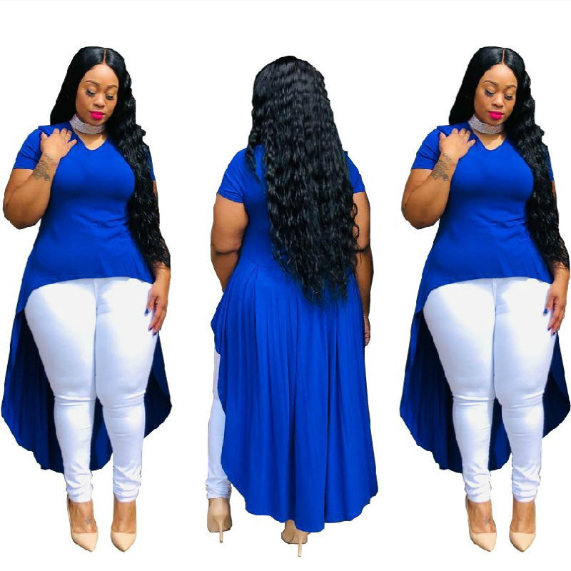 Plus Size Summer Sexy Women Clothes Solid Color Irregular Asymmetric Hem T-shirt