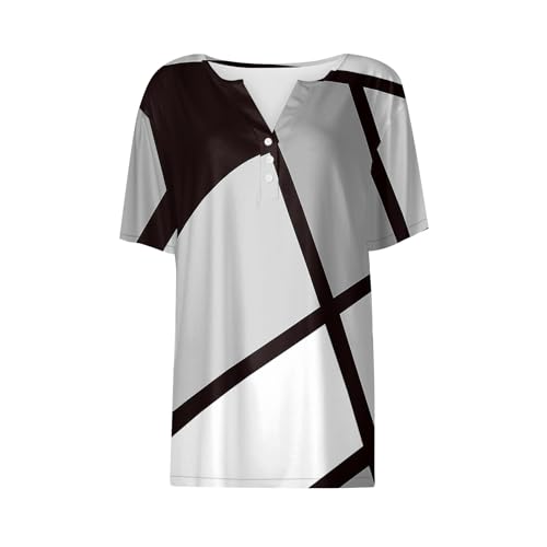 GZPINLU Day Deals Prime 2024 Today Summer Tops for Women 2024 Fashion Color Block Button V Neck T Shirts Short Sleeve Womens Plus Size Basic Tees Boho Clothes Blusas Para Mujer Casuales (Gray,2XL)