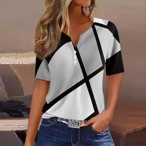 GZPINLU Day Deals Prime 2024 Today Summer Tops for Women 2024 Fashion Color Block Button V Neck T Shirts Short Sleeve Womens Plus Size Basic Tees Boho Clothes Blusas Para Mujer Casuales (Gray,2XL)