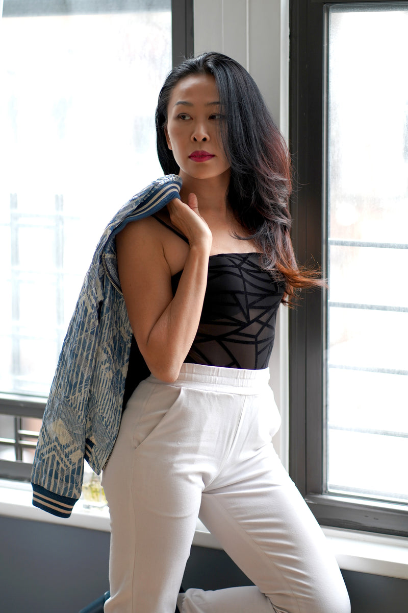 Geo Flocked Mesh Sheer Bodysuit Without Panty