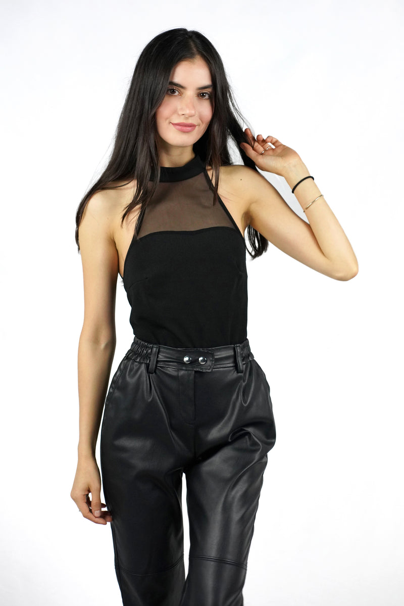 Mesh Insert Halter Bodysuit