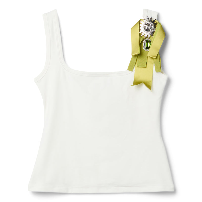 AREA Crystal Embellished Bow Tank Top (Cream/Green)