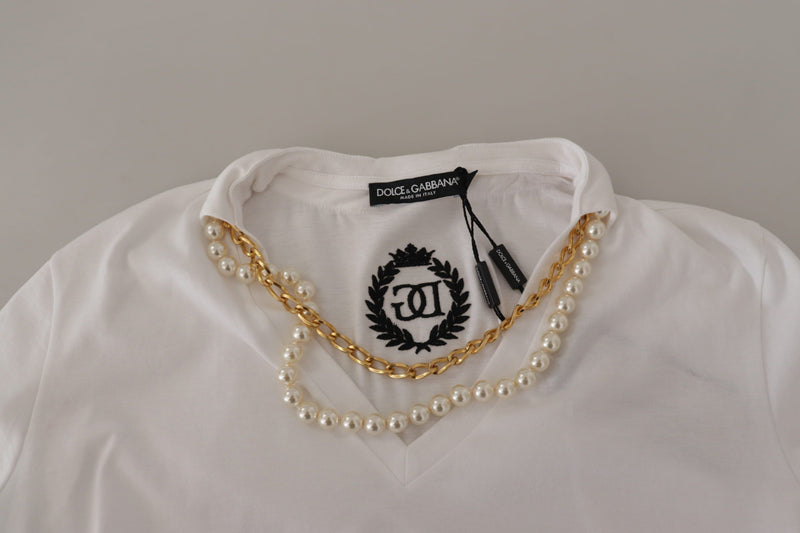 Dolce & Gabbana White Necklace Embellished Neckline T-shirt Top